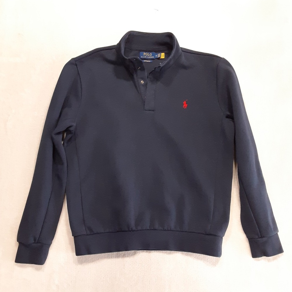 Polo Ralph Lauren Mens Double Knit Performance Snap Sweater M Navy Red Pony